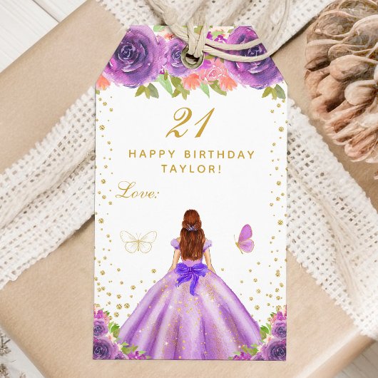 パープルフローラブラウンヘアガールハッピーバースデー ギフトタグ