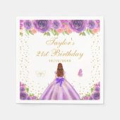 パープルフローラブラウンヘアプリンセス誕生日パーティー スタンダードカクテルナプキン (正面)
