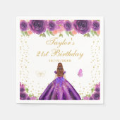パープルフローラブラウンヘアプリンセス誕生日パーティー スタンダードカクテルナプキン (正面)