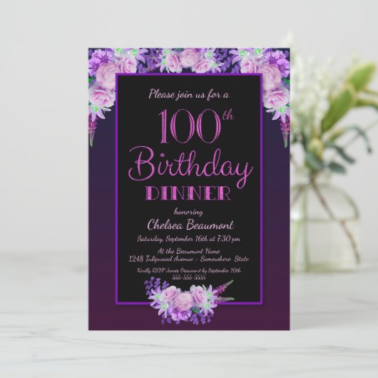 パープルフローラブラック100誕生日ディナーパーティー 招待状 (スタンド正面)