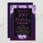 パープルフローラブラック100誕生日ディナーパーティー 招待状 (正面/裏面)