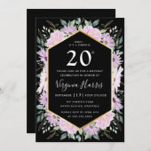 パープルフローラブラック20誕生日 招待状 (正面/裏面)