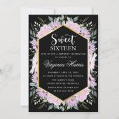 パープルフローラブラックSweet sixteen16誕生日 招待状 (正面)