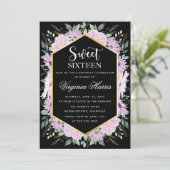 パープルフローラブラックSweet sixteen16誕生日 招待状 (スタンド正面)