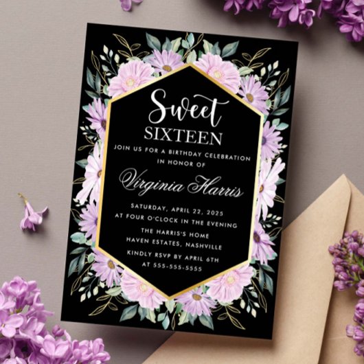 パープルフローラブラックSweet sixteen16誕生日 招待状
