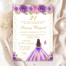 パープルフローラブルネットヘアプリンセス誕生日 招待状
