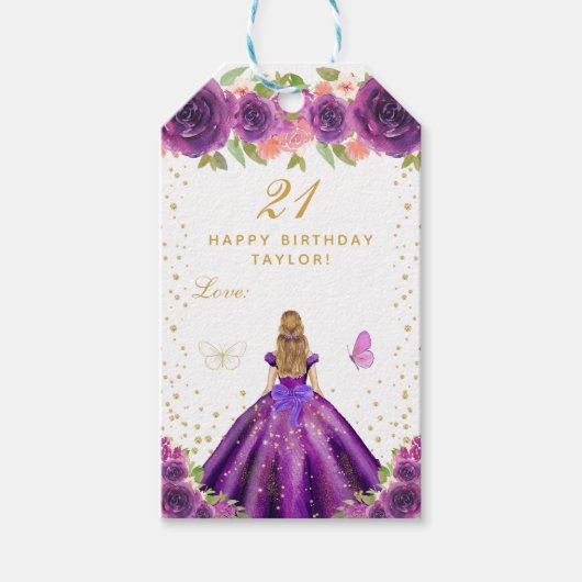 パープルフローラブロンドヘアガールハッピーバースデー ギフトタグ (正面)