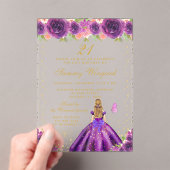 パープルフローラブロンドヘアプリンセス誕生日パーティー アクリル招待状 (インサイチュ (ポータブル))