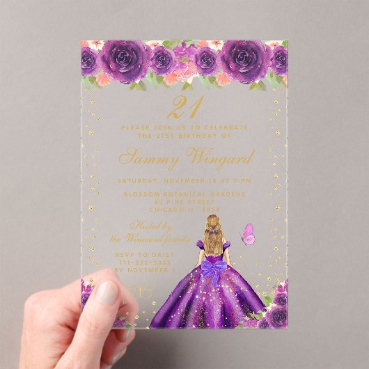 パープルフローラブロンドヘアプリンセス誕生日パーティー アクリル招待状 (インサイチュ (ポータブル))