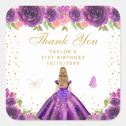 パープルフローラブロンドヘアプリンセス誕生日パーティー スクエアシール (正面)
