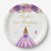パープルフローラブロンドヘアプリンセス誕生日パーティー ペーパープレート (正面)