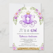 パープルフローラプリンセスキャリッジアーチベビーシャワー 招待状 (正面)