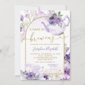 パープルフローラベビーシャワーティーパーティの招待状 招待状 (正面)