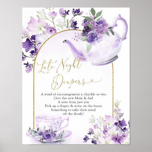 パープルフローラベビーシャワーティーレイトナイトおむつ ポスター (正面)