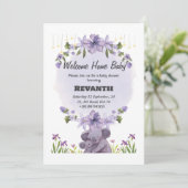 パープルフローラベビーシャワー招待状カード 招待状 (スタンド正面)