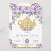 パープルフローラベビーシャワー茶パーティーベビーガール 招待状 (正面/裏面)