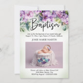 パープルフローラベビーバプテスマ《キリスト教》洗礼式や命名式写真 招待状 (正面)