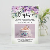 パープルフローラベビーバプテスマ《キリスト教》洗礼式や命名式写真 招待状 (スタンド正面)