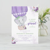 パープルフローラホットエアバルーンエレファントベビーシャワー 招待状 (スタンド正面)
