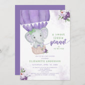 パープルフローラホットエアバルーンエレファントベビーシャワー 招待状 (正面/裏面)