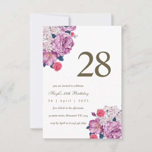 パープルフローラボシンプルタニカル誕生日 招待状 (正面)