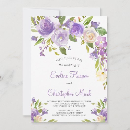 パープルフローラボホ緑結婚書道 招待状 (正面)