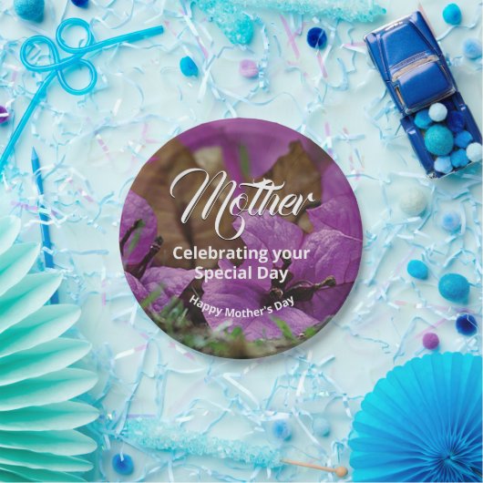 パープルフローラマザーズデイ誕生祝い ペーパープレート (パーティー)