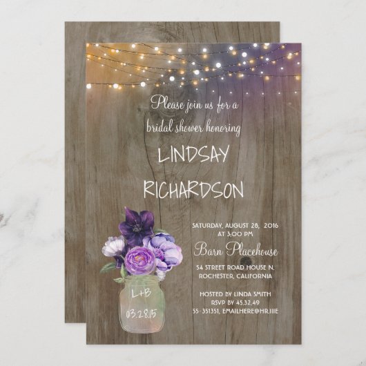パープルフローラメイスンジャ素朴ールバーンブライダルシャワー 招待状 (正面/裏面)