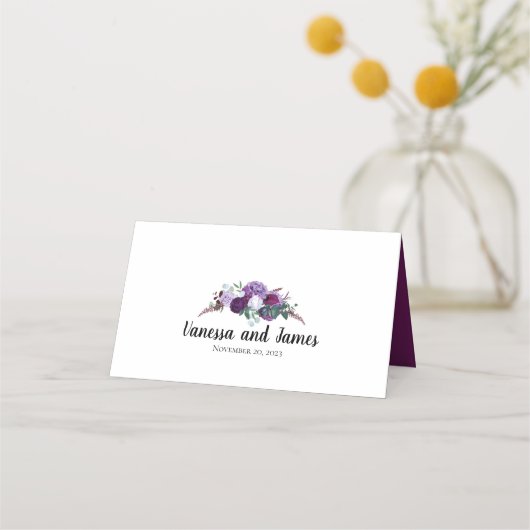 パープルフローラモダンエレガントな結婚式 プレイスカード (裏面)
