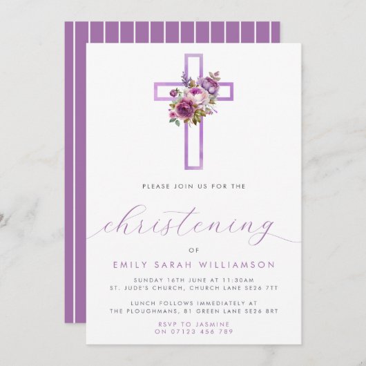 パープルフローラモダンクロススクリプト《キリスト教》洗礼式や命名式 招待状 (正面/裏面)