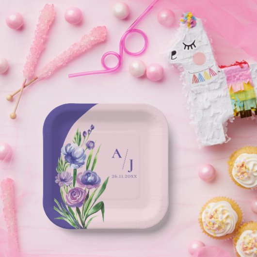 パープルフローラモノグラムエレガント赤面ウェディングパーティー ペーパープレート (パーティー)