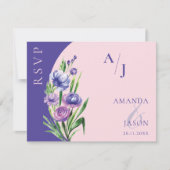 パープルフローラモノグラムエレガント赤面ピンク結婚ズ 出欠カード (正面)