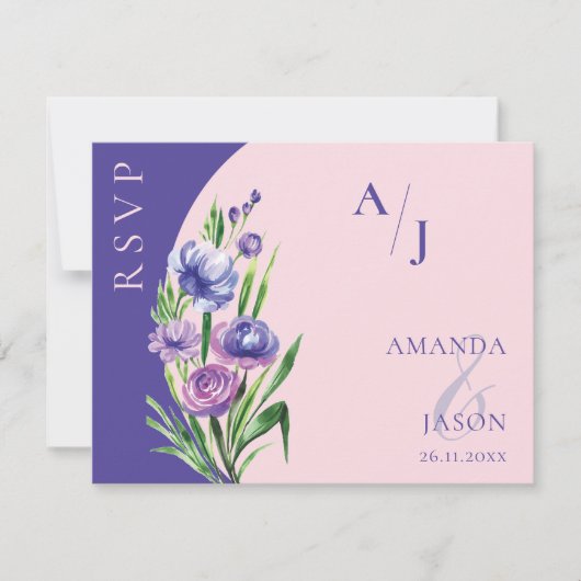 パープルフローラモノグラムエレガント赤面ピンク結婚ズ 出欠カード (正面)