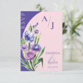 パープルフローラモノグラムエレガント赤面ピンク結婚ズ 出欠カード (スタンド正面)