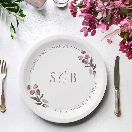 パープルフローラモノグラム結婚イニシャル ペーパープレート