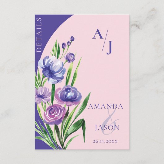パープルフローラモノグラム赤面結婚ピンクの詳細 エンクロージャーカード (正面)
