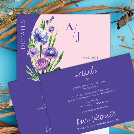 パープルフローラモノグラム赤面結婚ピンクの詳細 エンクロージャーカード