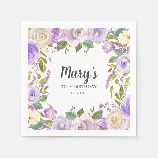 パープルフローラモノグラム70誕生日 スタンダードカクテルナプキン (正面)