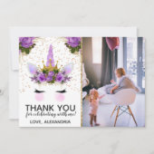 パープルフローラユニコーンプリンセスありがとう 招待状 (正面)