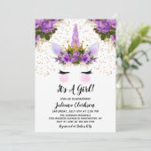 パープルフローラユニコーンプリンセスベビーシャワー 招待状 (スタンド正面)