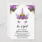パープルフローラユニコーンプリンセスベビーシャワー 招待状 (正面)