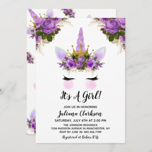 パープルフローラユニコーンプリンセスベビーシャワー 招待状 (正面/裏面)