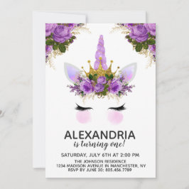 パープルフローラユニコーンプリンセス誕生日 招待状