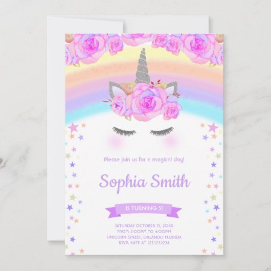 パープルフローラユニコーン誕生日招待状 招待状 (正面)