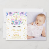 パープルフローラユニコーン誕生日招待状withポー 招待状 (正面)