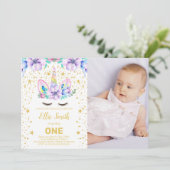 パープルフローラユニコーン誕生日招待状withポー 招待状 (スタンド正面)