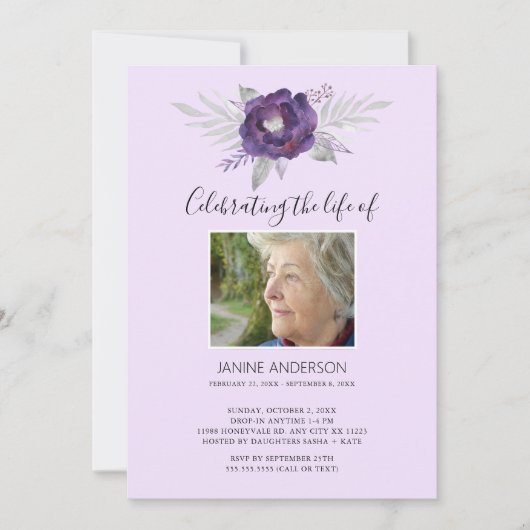 パープルフローラライフお祝いフォト招待状 招待状 (正面)