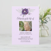 パープルフローラライフお祝いフォト招待状 招待状 (スタンド正面)