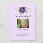 パープルフローラライフお祝いフォト招待状 招待状 (正面/裏面)