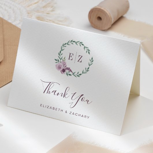 パープルフローラリース結婚モノグラムありがとう カード